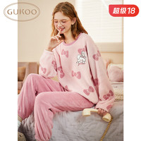 果壳（Gukoo）睡衣女冬季新款可爱小兔子蝴蝶结圆领毛绒保暖女士家居服套装D 天堂粉套装 S