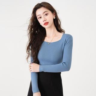 气质温柔方领针织衫女士秋季亲肤舒适打底衫纯色简约显瘦上衣
