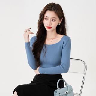 气质温柔方领针织衫女士秋季亲肤舒适打底衫纯色简约显瘦上衣