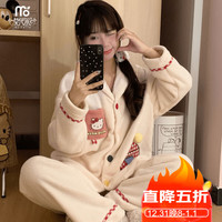 莫代尔法兰绒睡衣女士秋冬可爱猫少女甜美套装加厚保暖24新品家居服白L