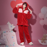 tutuanna趣趣安娜睡衣女冬季加厚珊瑚绒加厚连帽上下套装家居服珊瑚绒睡衣女081918 红色套装 160/84A