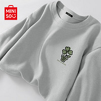 MINISO 名创优品 220G重磅华夫格T恤男长袖春秋百搭潮流男装男士日常休闲穿搭秋季 浅灰(m四叶草胸标) 4XL (体重205-230斤)