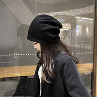 炫世柠檬 网红堆堆帽女薄款韩版日系百搭针织帽子春秋黑色毛线帽包头冷帽男 黑色 纯色堆堆帽有弹性