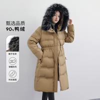 简约时尚百搭连帽舒适貉子毛领连帽长款女士羽绒服