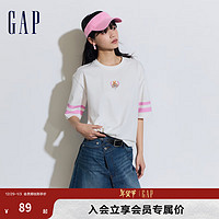 Gap 盖璞 女装2024夏季纯棉小熊logo撞色落肩短袖T恤宽松上衣873958 白色 155/76A(XS) 亚洲尺码