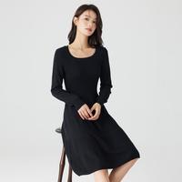 】春秋季复古拼接毛织连衣裙高级感打底衫收腰a字小黑裙