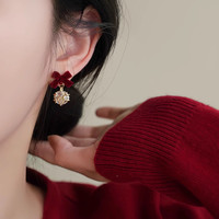 茉妃925银针红色丝绒蝴蝶结耳钉锆石耳环耳夹女赫本风新年耳饰无耳洞 925银针一对