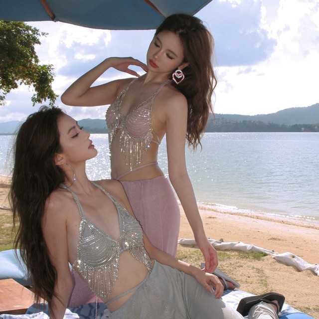 OMOM 时尚闪钻性感辣妹纯欲比基尼四件套长裤沙滩度假泳衣4023