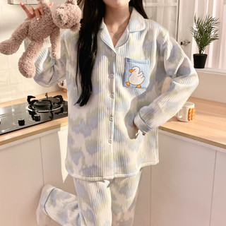 婧麒（JOYNCLEON）月子服秋冬产后空气棉睡衣女秋冬怀孕期产妇可哺乳家居服套装 蓝口袋鸭Jsy152303 XL码