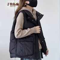 子牧棉麻2024冬装 女文艺百搭棉衣马夹加厚时尚宽松马甲外搭上衣0712  (建议90-115斤)