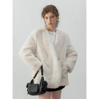 EGGKA 慵懒V领皮毛一体毛毛外套女秋冬2024米白色气质长袖上衣 米白 均码