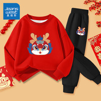 真维斯童装儿童新年衣服2024男童拜年服红色保暖女童套装秋冬款加绒卫衣 【常规款】红/J国潮瑞兽+黑裤 160