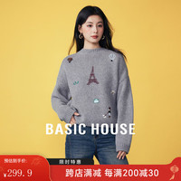 Basic House/百家好绵羊毛刺绣软糯毛衣小个子秋冬新款针织上衣女
