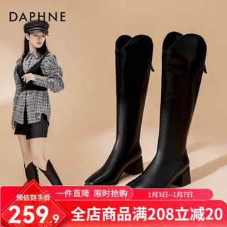 DAPHNE 达芙妮 真皮V口长筒靴女2024秋冬靴子女英伦风骑士靴高跟显瘦长靴 黑色 37