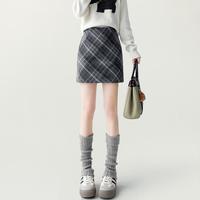 复古毛呢半身裙女秋冬季短裙女高腰显瘦a字撞色格子小个子包臀裙