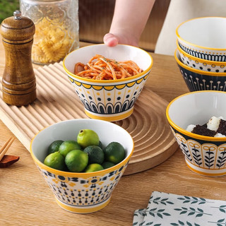 佩尔森（CERAMICS）北欧碗家用创意高脚米饭碗陶瓷釉下彩餐具复古小碗吃饭斗笠碗 5英寸碗混色6个装