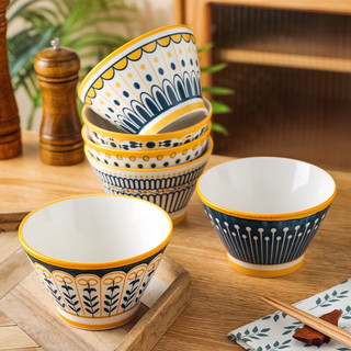 佩尔森（CERAMICS）北欧碗家用创意高脚米饭碗陶瓷釉下彩餐具复古小碗吃饭斗笠碗 5英寸碗混色6个装