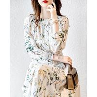 德玛纳 dme【印花连衣裙】春秋圆领收腰长袖印花连衣裙女春秋