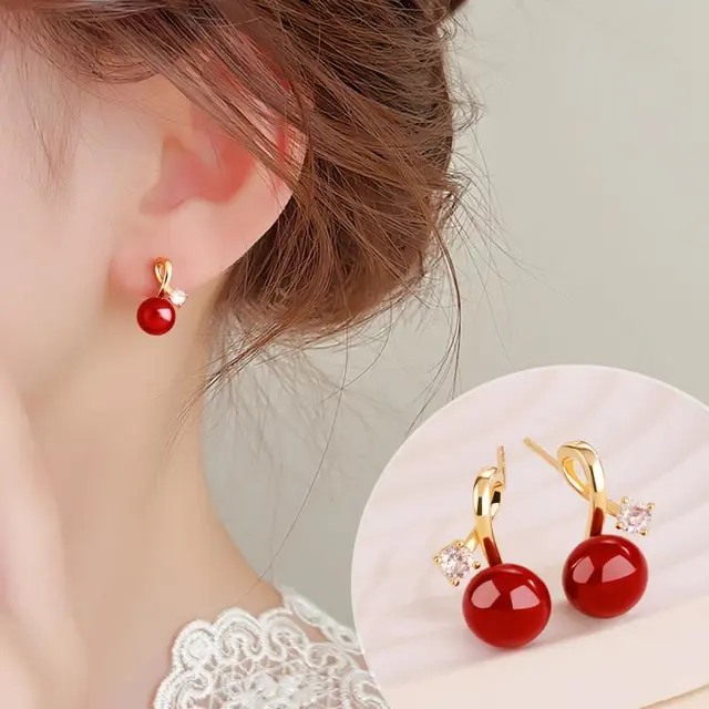 安可拉红珠子耳环银针2024新年高级小众设计减龄气质耳饰耳钉