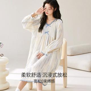 【100%纯棉 双层棉纱】甜美睡裙女士春秋中长裙睡衣家居服女