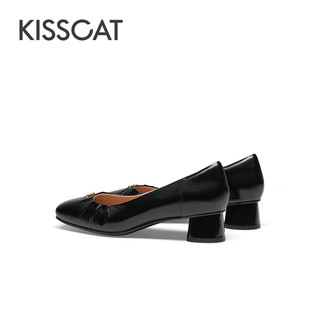 KISSCAT接吻猫2024秋季款通勤方头粗跟鞋微皱温柔褶皱羊皮单鞋女