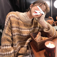 薇靡雅 WEIMIYA日系复古提花条纹毛衣女秋冬季2024新款慵懒高级感套头针织 2258卡其 均码