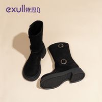 依思q厚底时装靴2024秋冬时尚百搭复古民族风真皮软皮中筒靴