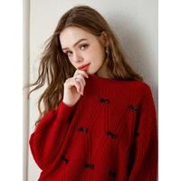 甜美风蝴蝶结毛衣女款2024秋冬保暖圆领宽松休闲百搭上衣