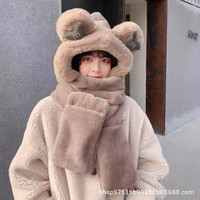 少女之家 新款可爱小熊帽子围巾一体女冬季毛绒帽加厚护耳保暖三件套头连帽