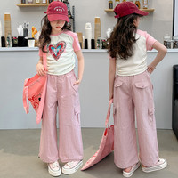 憨憨象 女童套装夏装2024夏季新款中大童休闲爱心印花短袖工装阔腿长裤潮