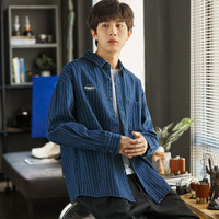 唐狮衬衫男长袖衬衫衬衣男士衬衫男翻领贴标长袖条纹牛仔长袖衬衫