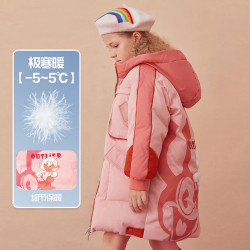马骑顿 童装女童冬中长款儿童保暖加厚连帽羽绒服 樱花粉 160 充绒量192g