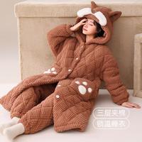 睡衣女三层夹棉袄珊瑚绒长袍加绒加厚保暖法兰绒家居服睡袍套装