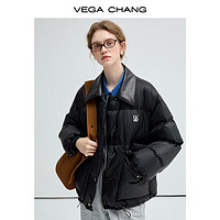 VEGA CHANG 羽绒服女2024年冬季拼接皮领90白鸭绒黑色保暖外套 休闲黑 S