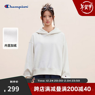 Champion 冠军2024早秋加绒卫衣女刺绣基础纯色帽衫休闲上衣潮 燕麦色 L