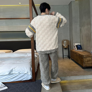 洁丽雅珊瑚绒男士睡衣秋冬季加厚加绒保暖法兰绒冬天休闲大码家居服套装 【长袖长裤】白色拼色浅灰裤 XL【建议130-150】