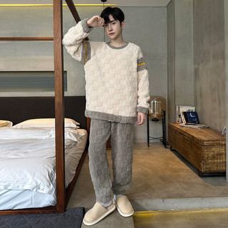 洁丽雅珊瑚绒男士睡衣秋冬季加厚加绒保暖法兰绒冬天休闲大码家居服套装 【长袖长裤】白色拼色浅灰裤 XL【建议130-150】