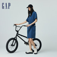 Gap女装2024春夏松紧收腰短袖纽扣牛仔连衣裙工装裙872417