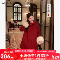 西遇中长款法式斗篷大衣女2024年冬季富家千金风暖和毛呢上衣 酒红色 L (165)