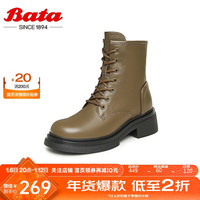 Bata马丁靴女牛皮粗跟增高百搭短筒靴1253ADD3 卡其绿 38