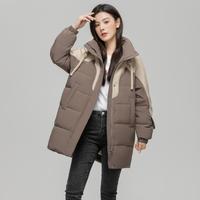 雪中飞 SNOWFLYING秋冬简约防风连帽立领大口袋时尚休闲女式中长款羽绒服