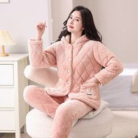 珊瑚绒睡衣女秋冬季2024年三层夹棉加厚保暖法兰绒大码家居服