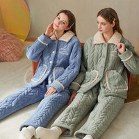 芬腾睡衣女冬天珊瑚绒夹棉袄冬季三层加厚加绒法兰绒家居服秋冬款