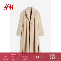 H&M女装毛呢外套【春晚同款】气质腰部系带大衣1170372 浅米色