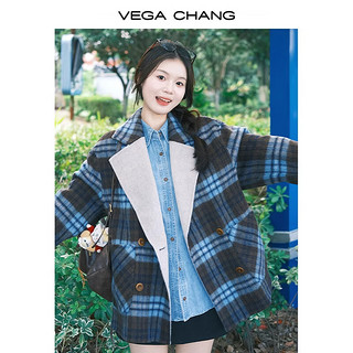 VEGA CHANG【绵羊毛+羊驼毛】双面呢女2024高级感双面穿外套 北欧蓝格纹-长款送围巾 S