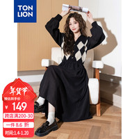 唐狮(TonLion)2024v领拼接格纹连衣裙女复古针织格子裙气质长裙