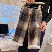 拥抱熊女童保暖格子裤羊羔绒休闲裤加绒加厚阔腿裤 灰格子 100 cm