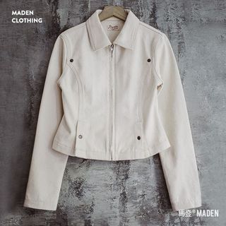 马登 MADEN女装 巴恩风收腰夹克春秋小个子复古白色牛仔工装外套Vintage上衣 杏色 XL