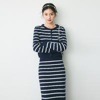诗凡黎海军蓝短款条纹羊毛针织开衫套装松弛感显瘦毛衣