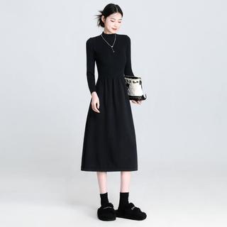 赫本风针织连衣裙长袖2024秋冬款半高领内搭针织裙打底长裙
